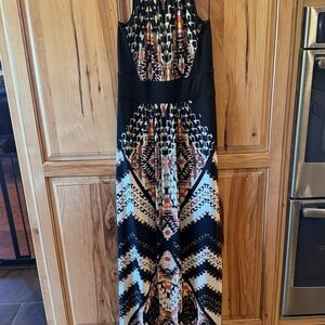 Maggy London Black Maxi Dress with Cream & Rust Geometric Print